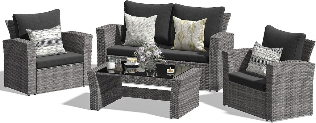 FansaFurn 4-Piece Outdoor Patio Furniture Set, All Weather Wicker Rattan Sectional Sofa Conversation Seating Set with Cushions & Large Glass Coffee Table, Ideal for Garden Backyard Porch, Dark Grey