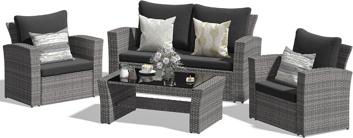 FansaFurn 4-Piece Outdoor Patio Furniture Set, All Weather Wicker Rattan Sectional Sofa Conversation Seating Set with Cushions & Large Glass Coffee Table, Ideal for Garden Backyard Porch, Dark Grey