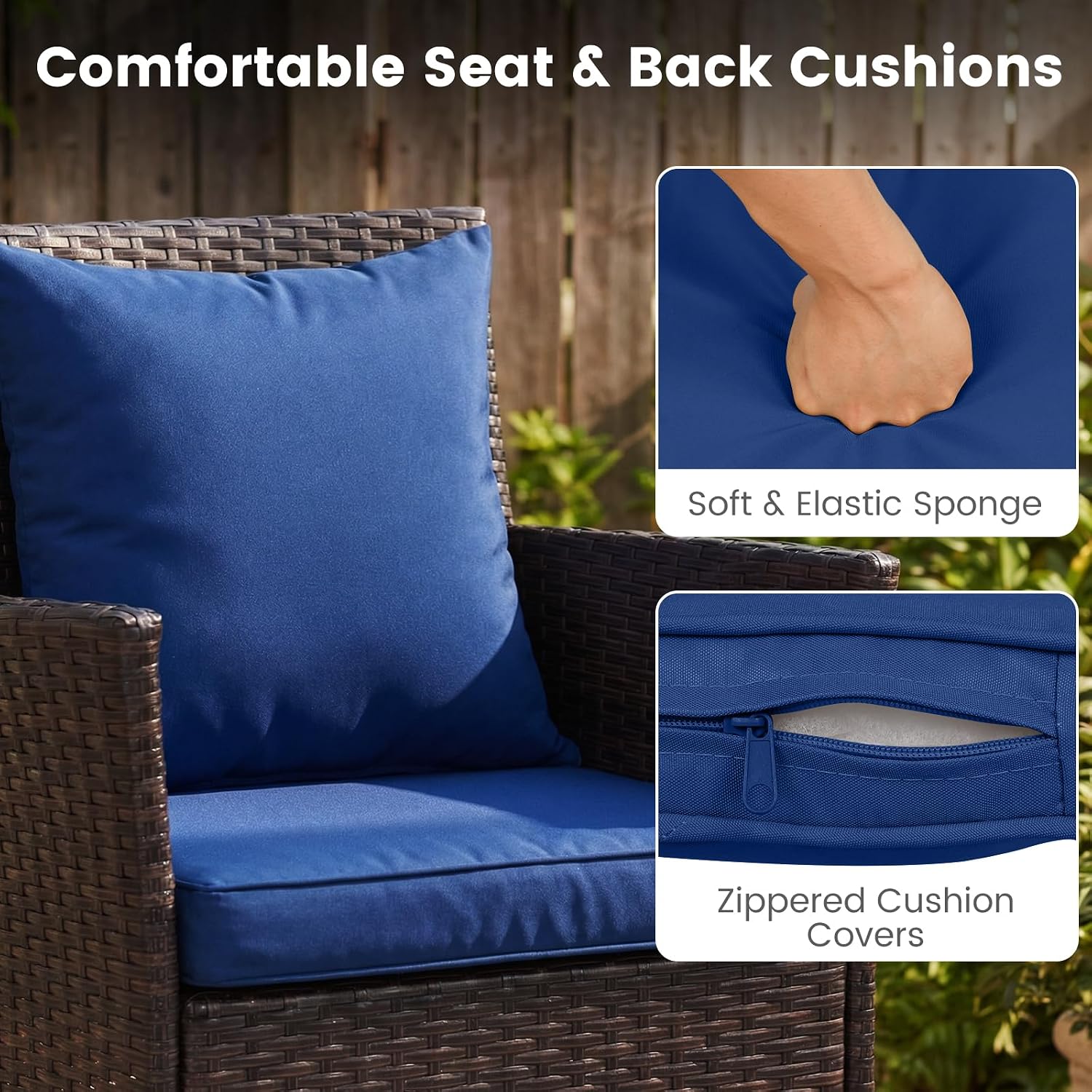 Tangkula 3 Pieces Patio Wicker Bistro Set, 2 Rattan Chairs w/ 2-Tier Tempered Glass Table, Outdoor Conversation Furniture Set with Cushions for Backyard, Porch, Poolside (Mix Brown+Navy)
