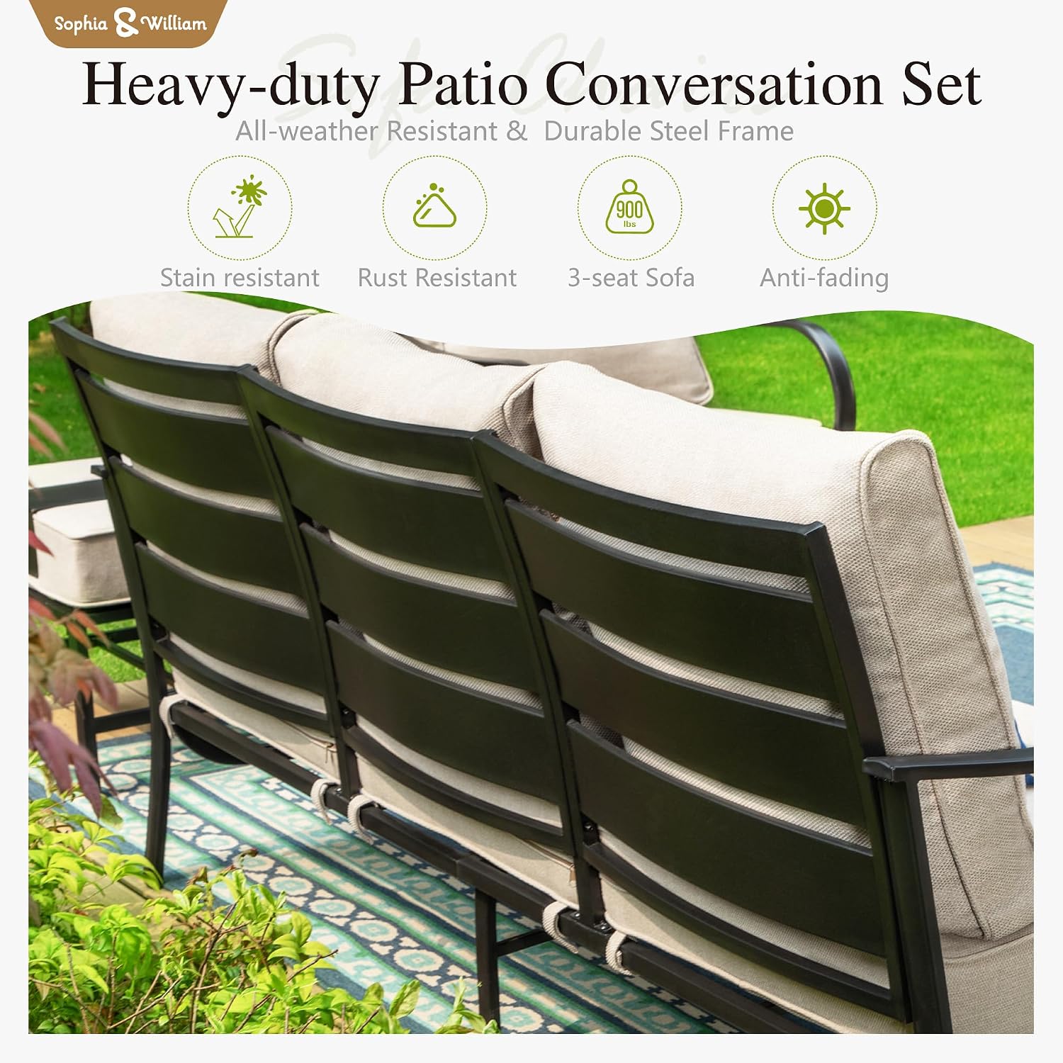 Sophia & William Patio Furniture Sets for 7 with 45' Gas Fire Pit Table Outdoor Conversation Sets 6 Pcs, 2 x Swivel Cushioned Sofa Chairs, 1x3-Seat Sofa, 2xOttomans for Backyard Poolside Beige