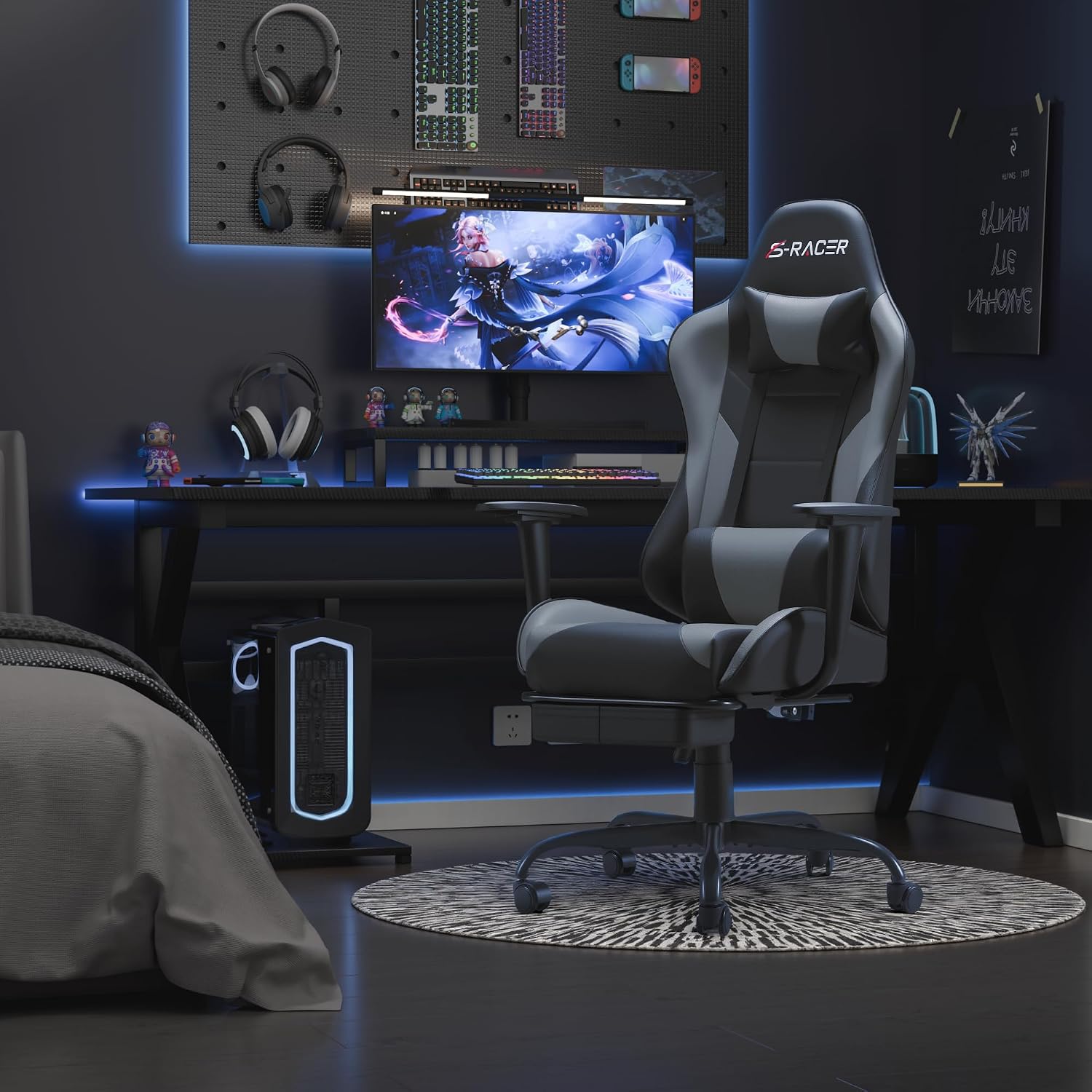 Homall Gaming Chairs, Computer Chair with Footrest and Massage Lumbar Support, Height Adjustable Game Chair with Headrest and Swivel Seat (Light Grey)