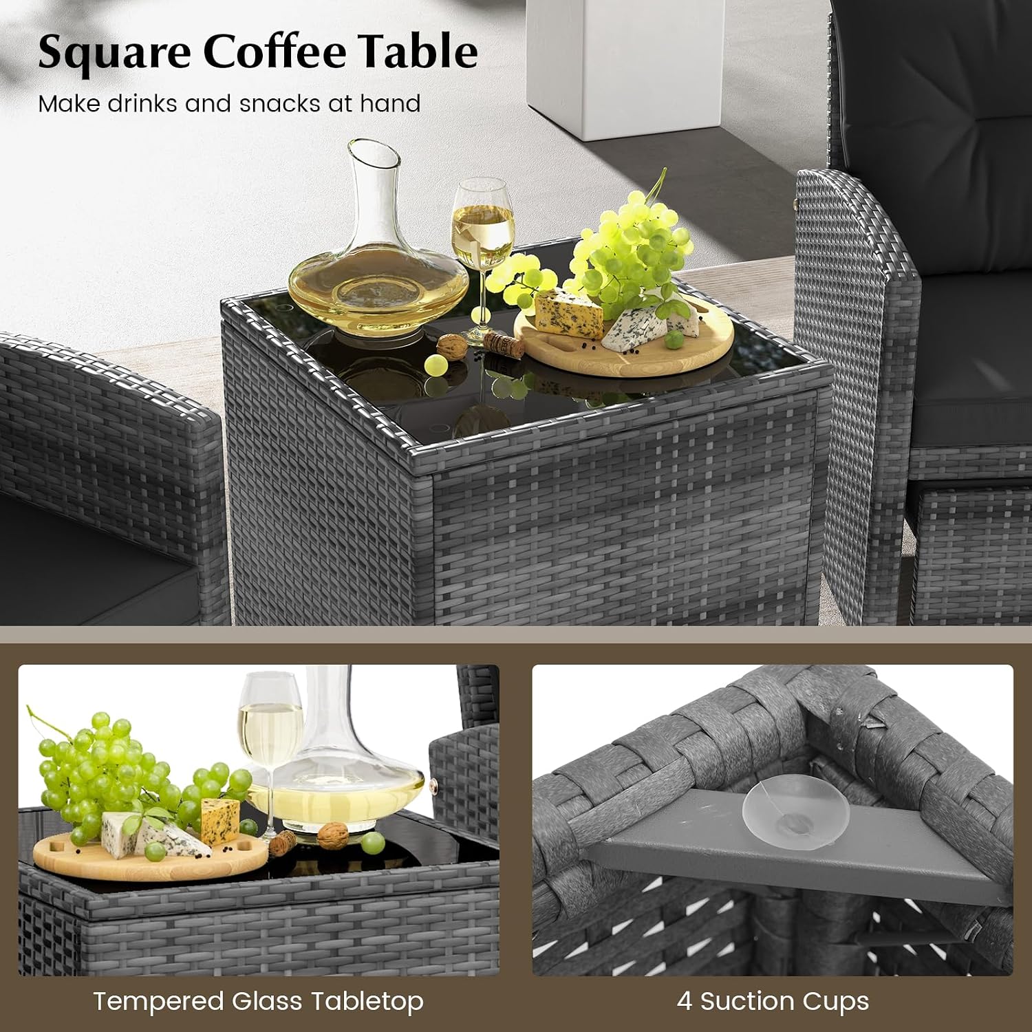 KOTEK 5 Pieces Patio Furniture Set with Ottomans, Wicker Patio Conversation Set with Coffee Table & Cushions, PE Rattan Outdoor Lounge Chairs for Backyard, Porch, Poolside (Mix Grey- Black)