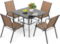 NUU GARDEN 5 PCS Patio Dining Set, Metal Outdoor Table and Chairs, with 4 Stackable Chairs and 31.5'' Square Table with Umbrella Hole, Outdoor Dining Set for Lawn, Balcony, Garden, Black and Brown