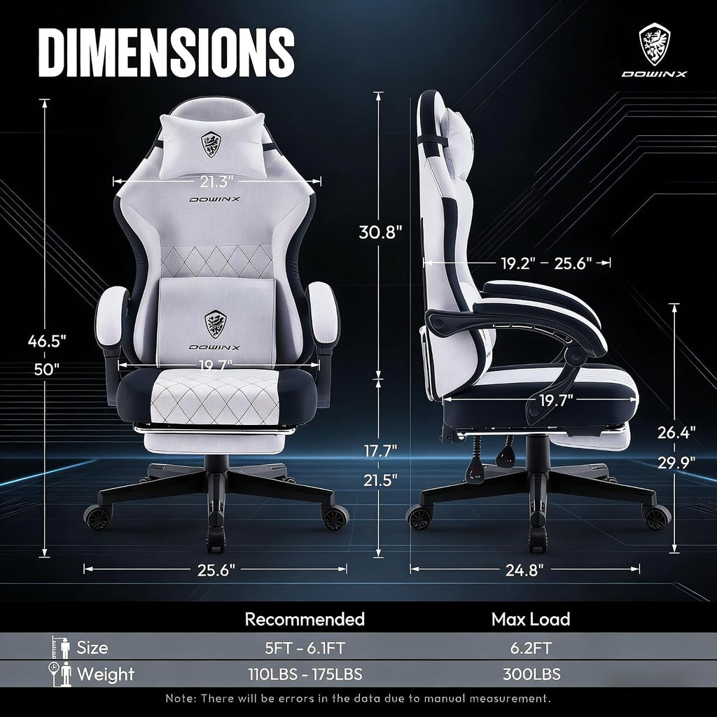 Dowinx Gaming Chair with Pocket Spring Cushion, Massage Lumbar Pillow & Footrest, Wide Seat with Padded Armrests, Breathable Fabric, Reclining Computer Chair for Home Office-Black and Gray