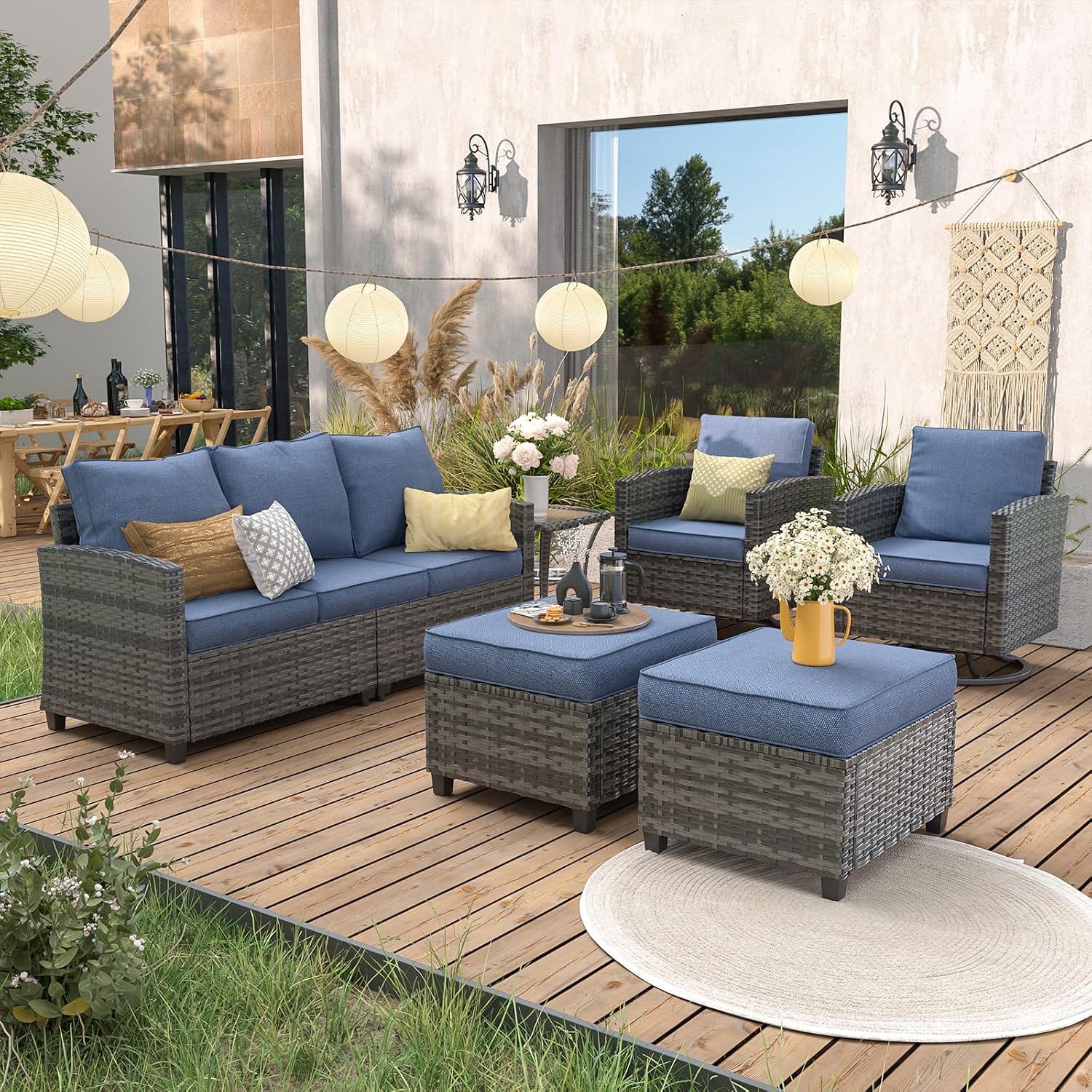 UDPATIO Patio Furniture Set, 6 Pieces Outdoor Sectional Couch with Swivel Rocking Chair, Gray Wicker Rattan Sofa with Side Table, 4' Thick Cushion for Garden Backyard Deck,Blue