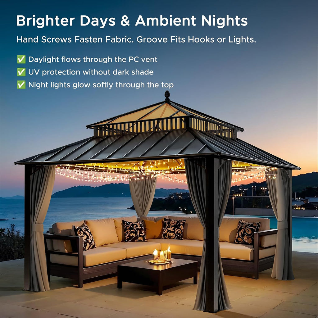 SUNJOY Kingston 12' x 12' Hardtop Gazebo with Galvanized Steel/Polycarbonate Double Roof, Curtain and Netting, Gray Aluminum Posts Permanent Pavilion Gazebo for Garden, Patio, Deck, Lawn