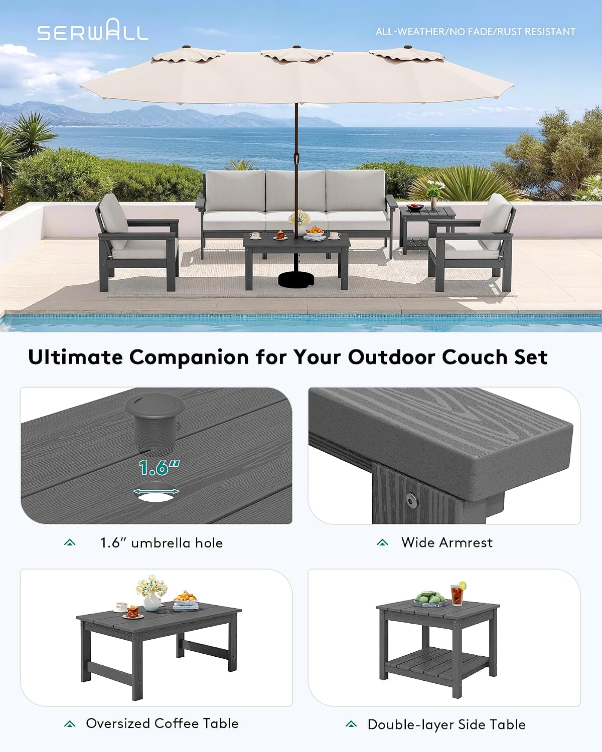 SERWALL HDPE Patio Furniture Set, 7-piece Outdoor Sectional Sofa Set, All Weather Outdoor Couch Set for Deck, Lawn, Grey Frame with Khaki Cushion