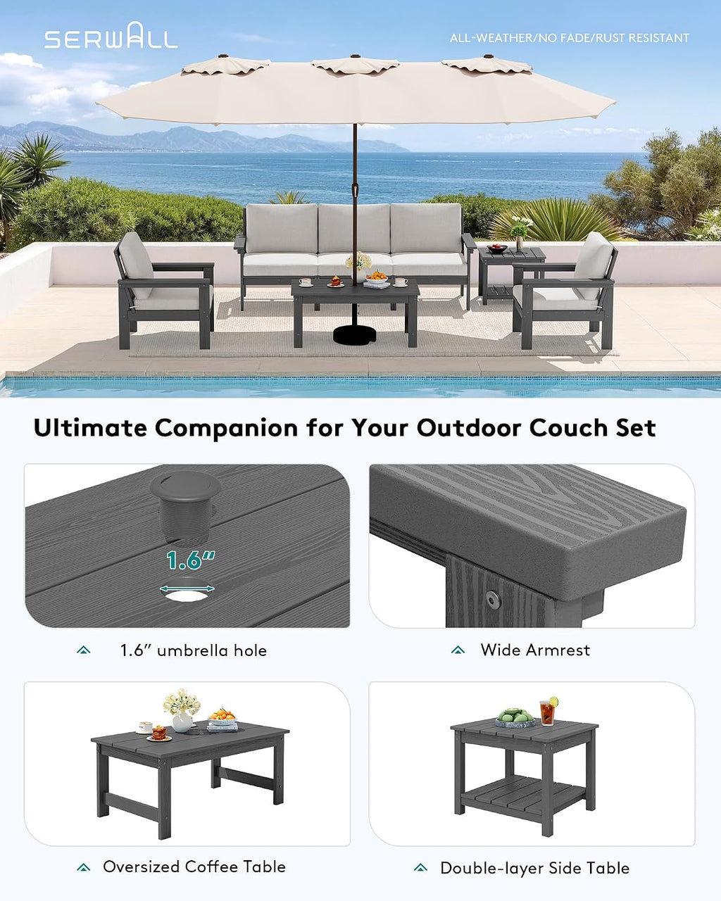 SERWALL HDPE Patio Furniture Set with 15FT Patio Umbrella, 7-piece Outdoor Sectional Sofa Set, All Weather Patio Couch Set for Deck, Gray & Beige(Umbreall Base not Included)