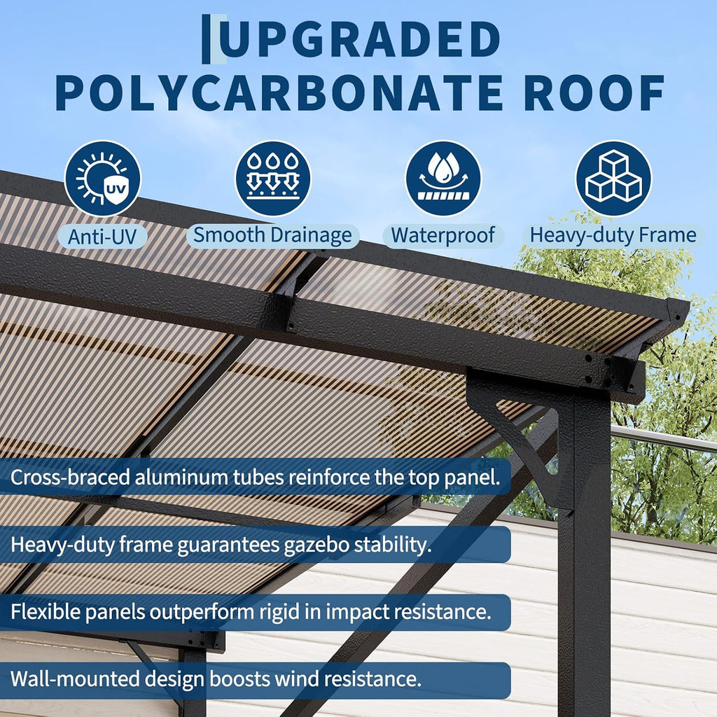 Garvee 10x10 ft Outdoor Lean to Gazebo, Wall Mounted Patio Hardtop Gazebo Pergola with Polycarbonate Roof, Upgraded Steel Frame Hardtop Pavilion for Patio, Garden, Lawn, Deck