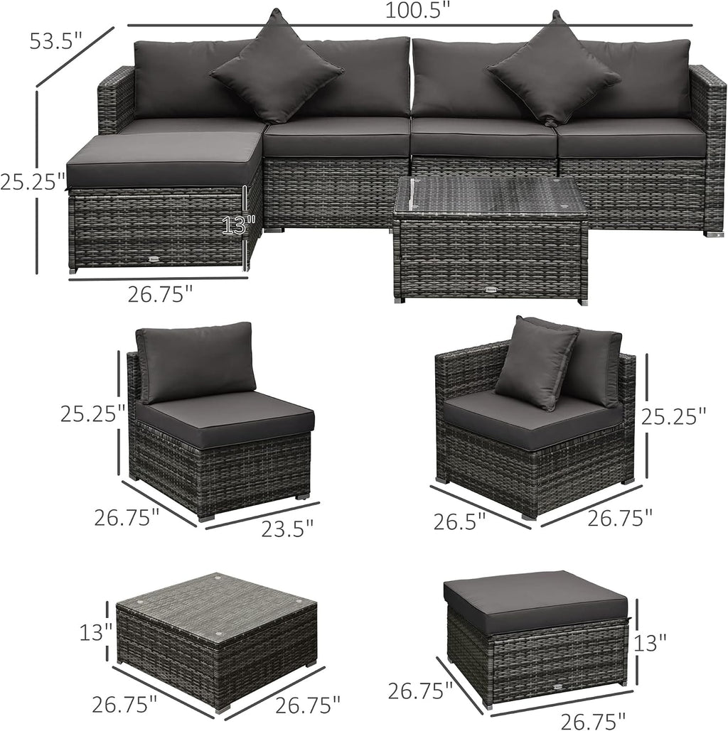Outsunny 6 Piece Patio Furniture Set Outdoor Wicker Conversation Set All Weather PE Rattan Sectional Sofa Set with Ottoman, Cushions and Tempered Glass Table, Mixed Gray and Charcoal
