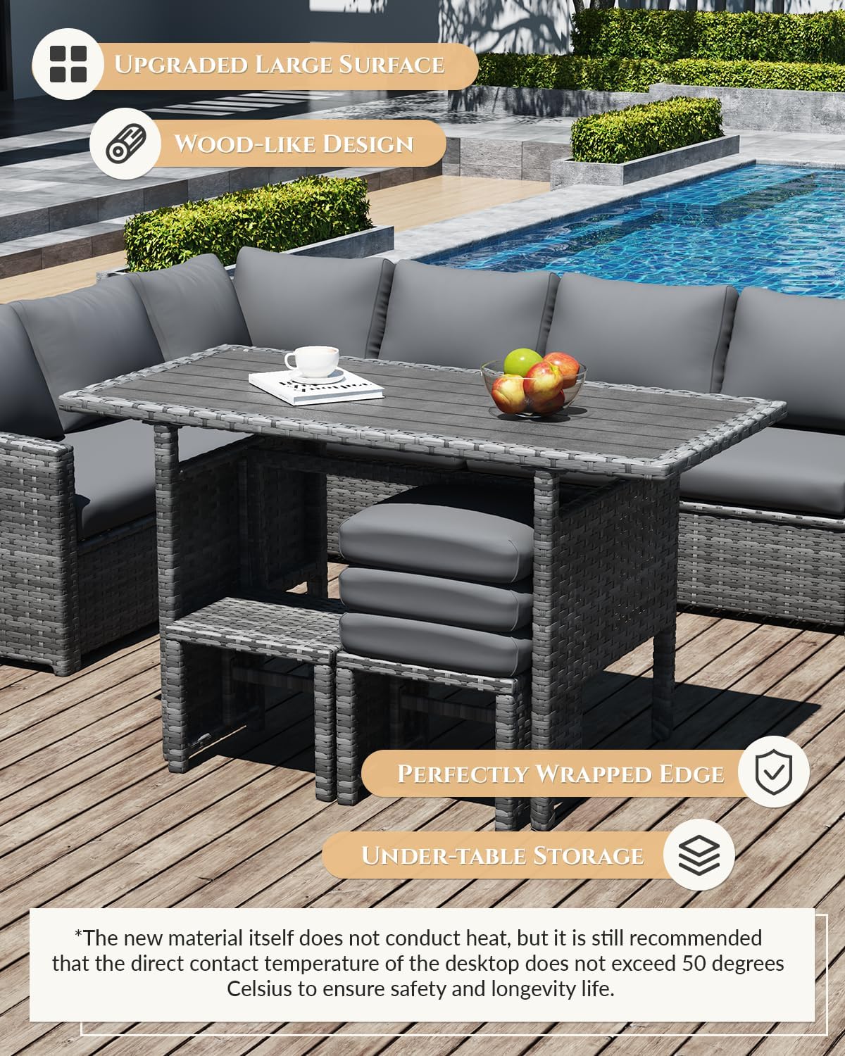 U-MAX 7 Pieces Patio Furniture Set, Outdoor Sectional Sofa Conversation Set, All Weather Wicker Rattan Dining Table & Chair with Ottoman, Grey Rattan&Grey Cushion