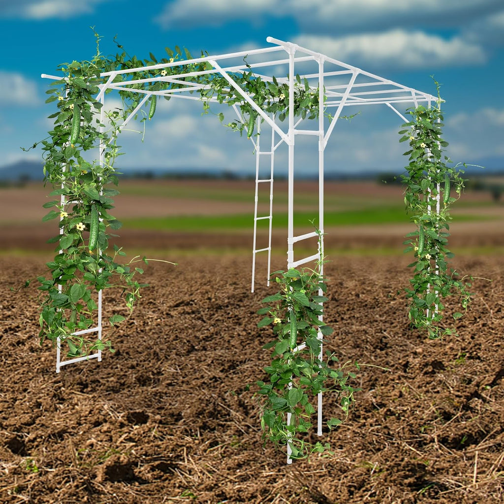 118'' L x 78.5'' W x 90.5'' H Large Outdoor Garden Arch Trellis for Climbing Plants, Grape Arbor Rack Pergola Plastic-Coated Steel Cane Frame for Courtyard and Garden Decoration of Pavilions (White)