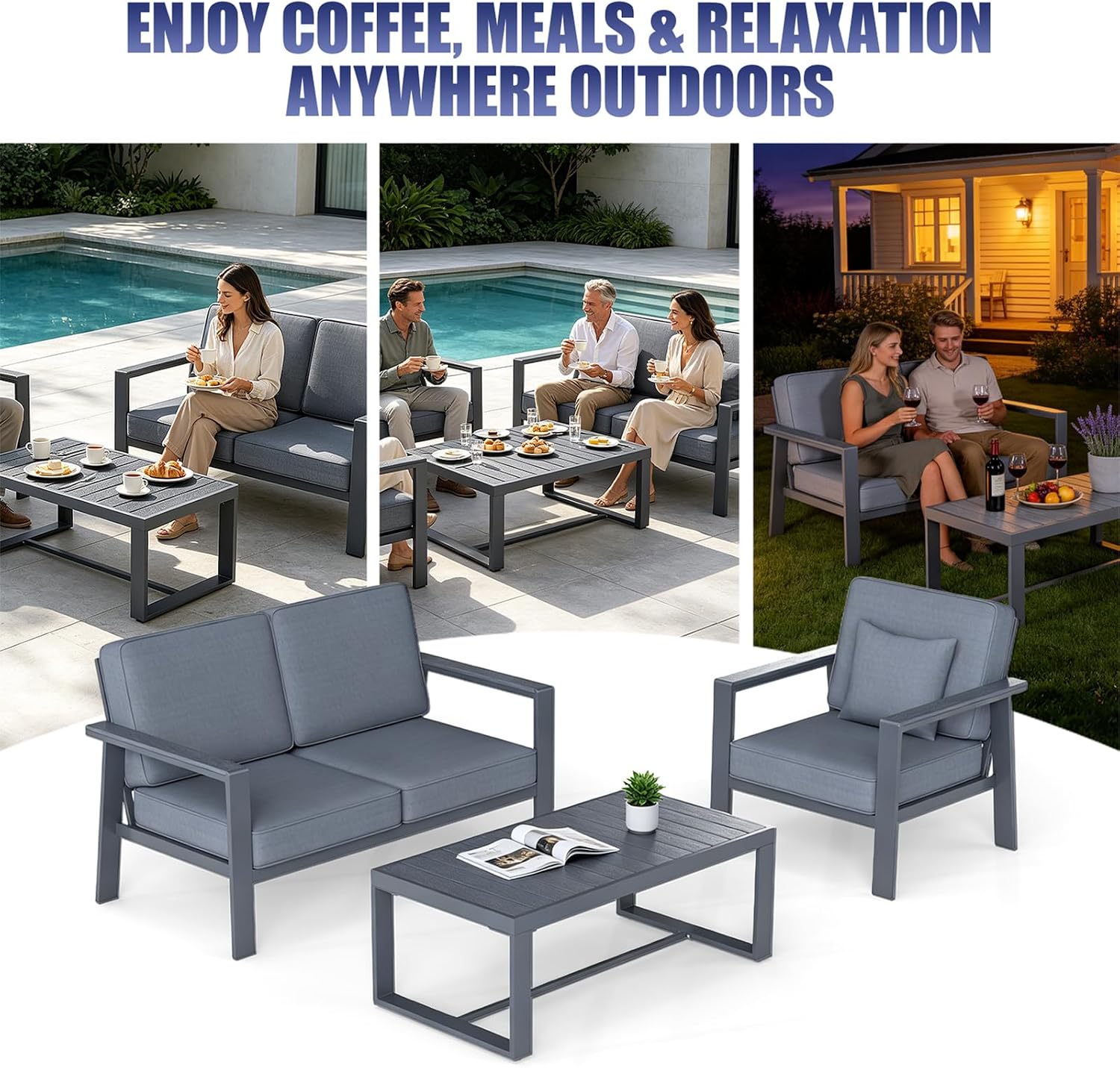 Premium Aluminum Patio Furniture Set 4 Piece,Outdoor Conversation Set with Wide Armrest,5' Thick Cushions, Olefin Fabric,Rustproof Metal Frame,Deep Seating Patio Sofa Set for Backyard,Deck,villa,Gray