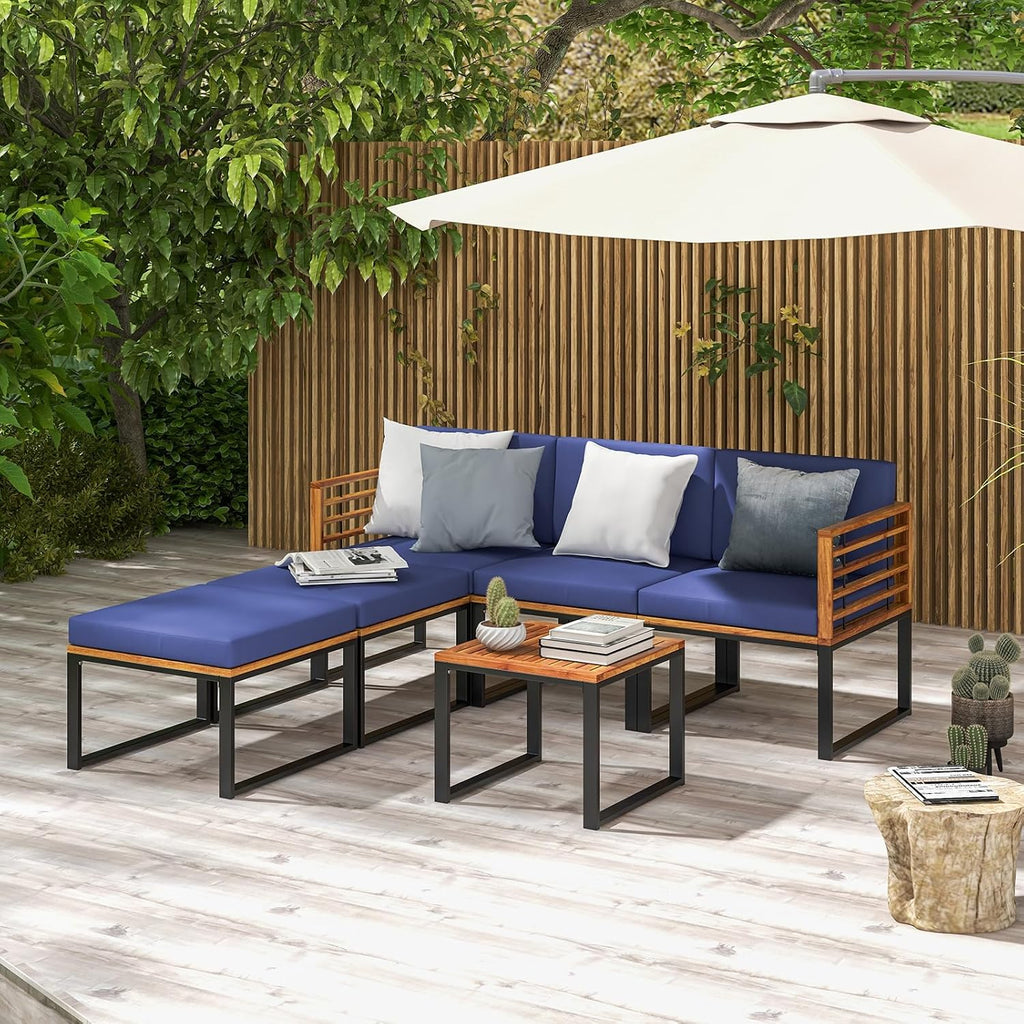 Tangkula 6 Pieces Acacia Wood Patio Furniture Set, Outdoor Sectional Conversation Sofa Set with Cushions, Coffee Table and Ottomans, Metal Frame Patio Sofas for Garden, Poolside, Backyard, Navy