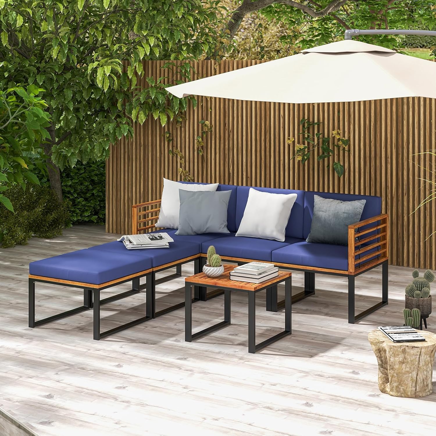 Tangkula 6 Pieces Acacia Wood Patio Furniture Set, Outdoor Sectional Conversation Sofa Set with Cushions, Coffee Table and Ottomans, Metal Frame Patio Sofas for Garden, Poolside, Backyard, Navy