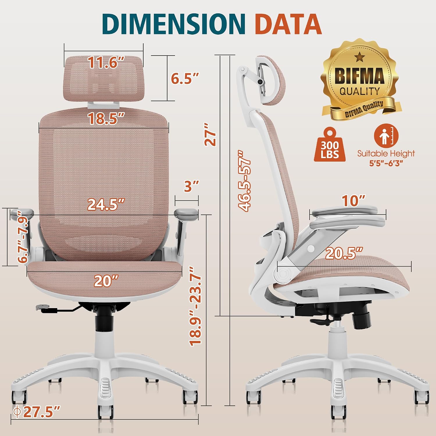 GABRYLLY Ergonomic Office Chair, High Back Home Desk Chair with Headrest, Flip-Up Arms, 90-120° Tilt Lock and Wide Cushion, 300LBS Mesh Chairs for Man Woman, White Task Chair(Pink,GY01WPK)