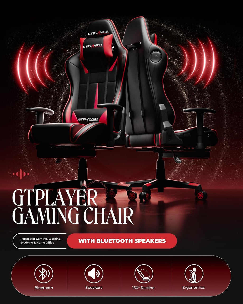 GTPLAYER Gaming Chair with Speakers, Video Game Chairs with Footrest, PC Game Chairs for Adults - Padded High Back Ergonomic Reclining Silla, Linkage Armrest, 909MF, Black-Red