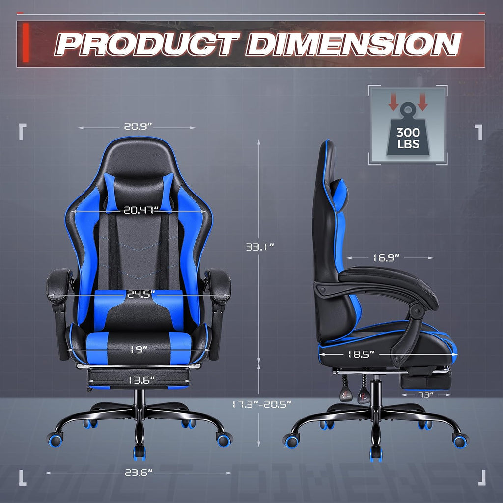 Furmax Gaming Chair, Video Game Chair with Footrest and Massage Lumbar Support, Swivel Seat Height Adjustable Computer Chair with Headrest, Racing E-Sport Gamer Chair (Blue)