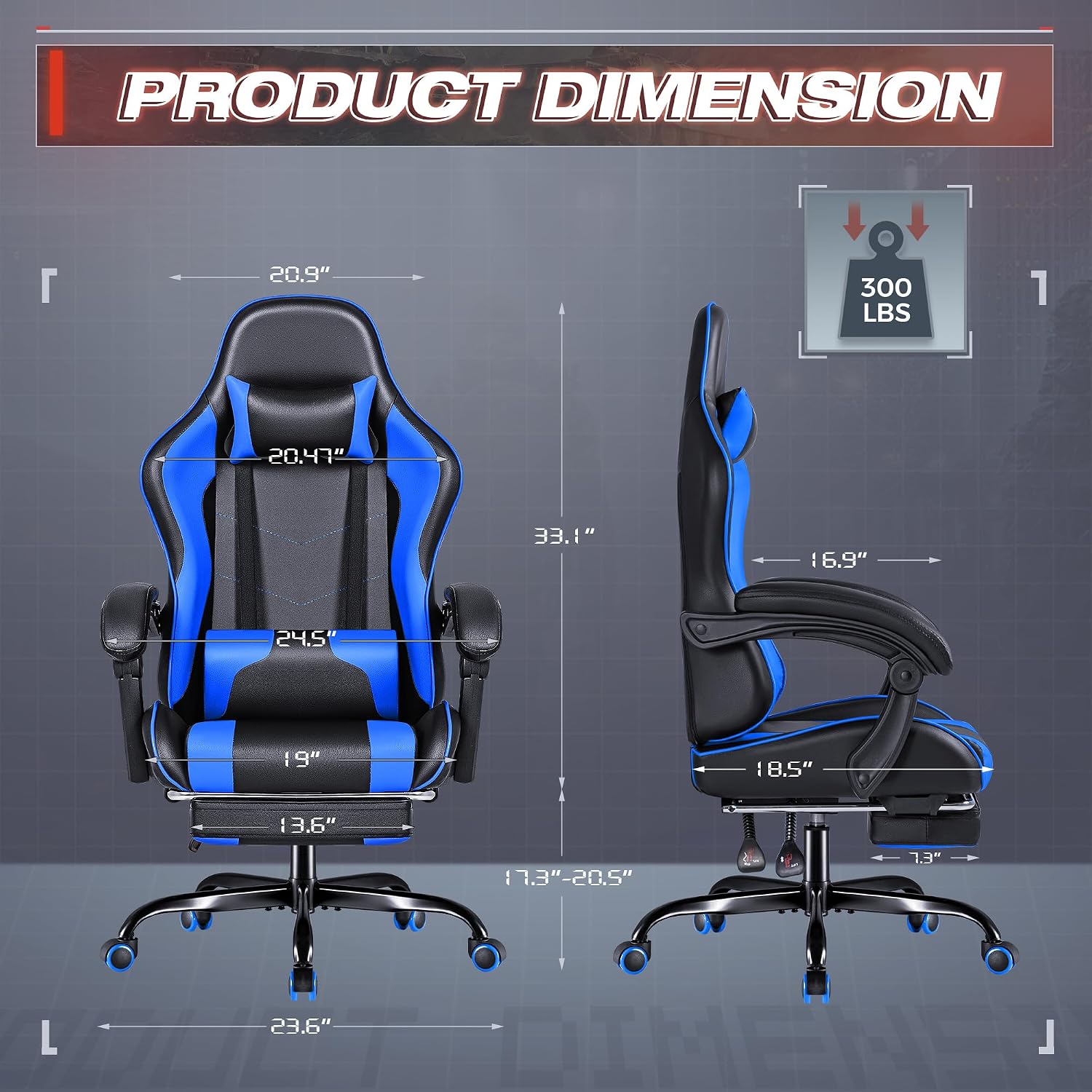 Furmax Gaming Chair, Video Game Chair with Footrest and Massage Lumbar Support, Swivel Seat Height Adjustable Computer Chair with Headrest, Racing E-Sport Gamer Chair (Blue)
