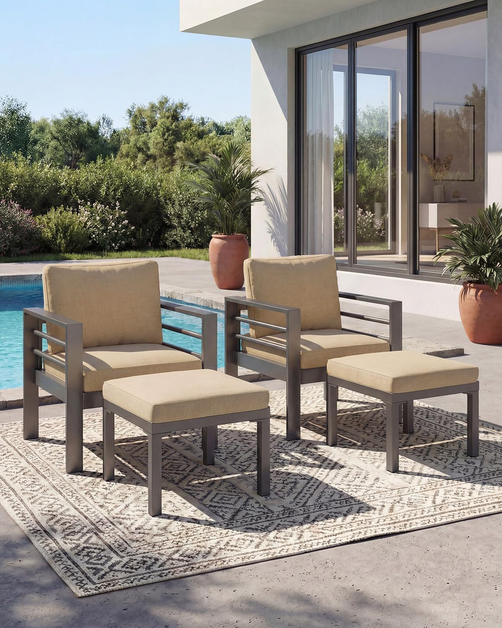 AECOJOY Aluminum Patio Furniture Armchair with Ottoman, Set of 2, Modern Outdoor Furniture with Washable 5 inch Thick Cushion, Beige