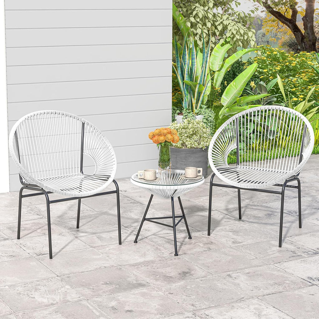 Tangkula 3 Piece Outdoor Patio Furniture Set, Acapulco Chair Set w/Plastic Rope, Tempered Glass Table, All Weather Patio Bistro Set for Patio, Lawn, Garden, Backyard