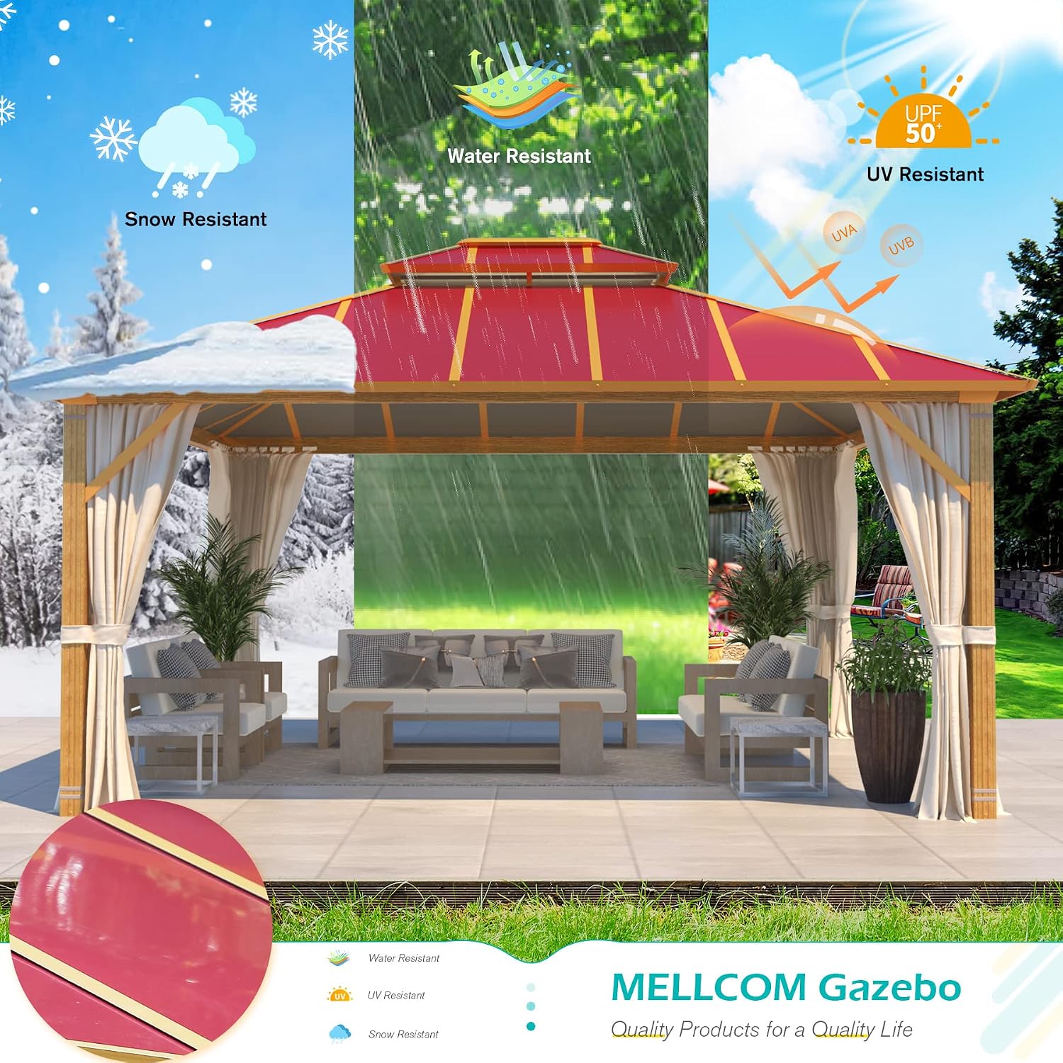 MELLCOM 12' x 14' Hardtop Gazebo, Wooden Finish Coated Aluminum Frame Outdoor Gazebo with Aluminum Double Roof, Claret Metal Gazebo with Curtains and Nettings for Patios, Gardens, Lawns