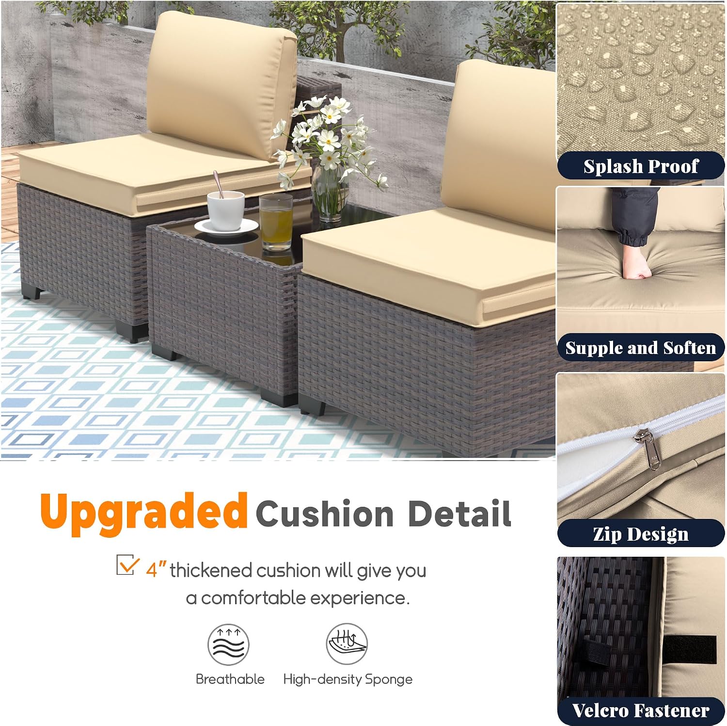 Patio Furniture Set 7 Pieces Outdoor Sectional Sofa Set,All Weather Wicker Patio Sofa PE Rattan Patio Conversation Set w/Cushions and Glass Coffee Table,Sand