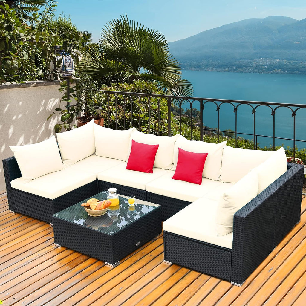 Tangkula 7-Piece Patio Furniture Set, Outdoor Sectional Sofa w/Pillows & Cushions, Wicker Conversation Set with Coffee Table & Tea Table for Garden & Lawn (Beige)