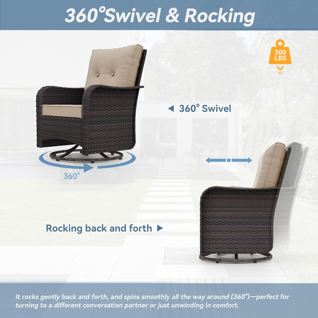 Kurapika 5 Pieces Patio Furniture Set, Rattan Wicker Outdoor Conversation Sets, 4 Woven Rattan Swivel Chairs w/48in Propane Fire Pit Table and Thickened Cushions, Sand