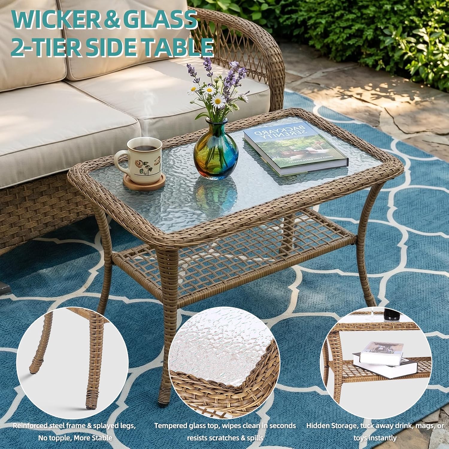 MEETWARM Outdoor Wicker Patio Glider Set, Loveseat for 2 Person Porch Furniture Glider with Glass-Top Coffee Table, Patio Glider Rocking Bench with Thickened Cushions, Brown