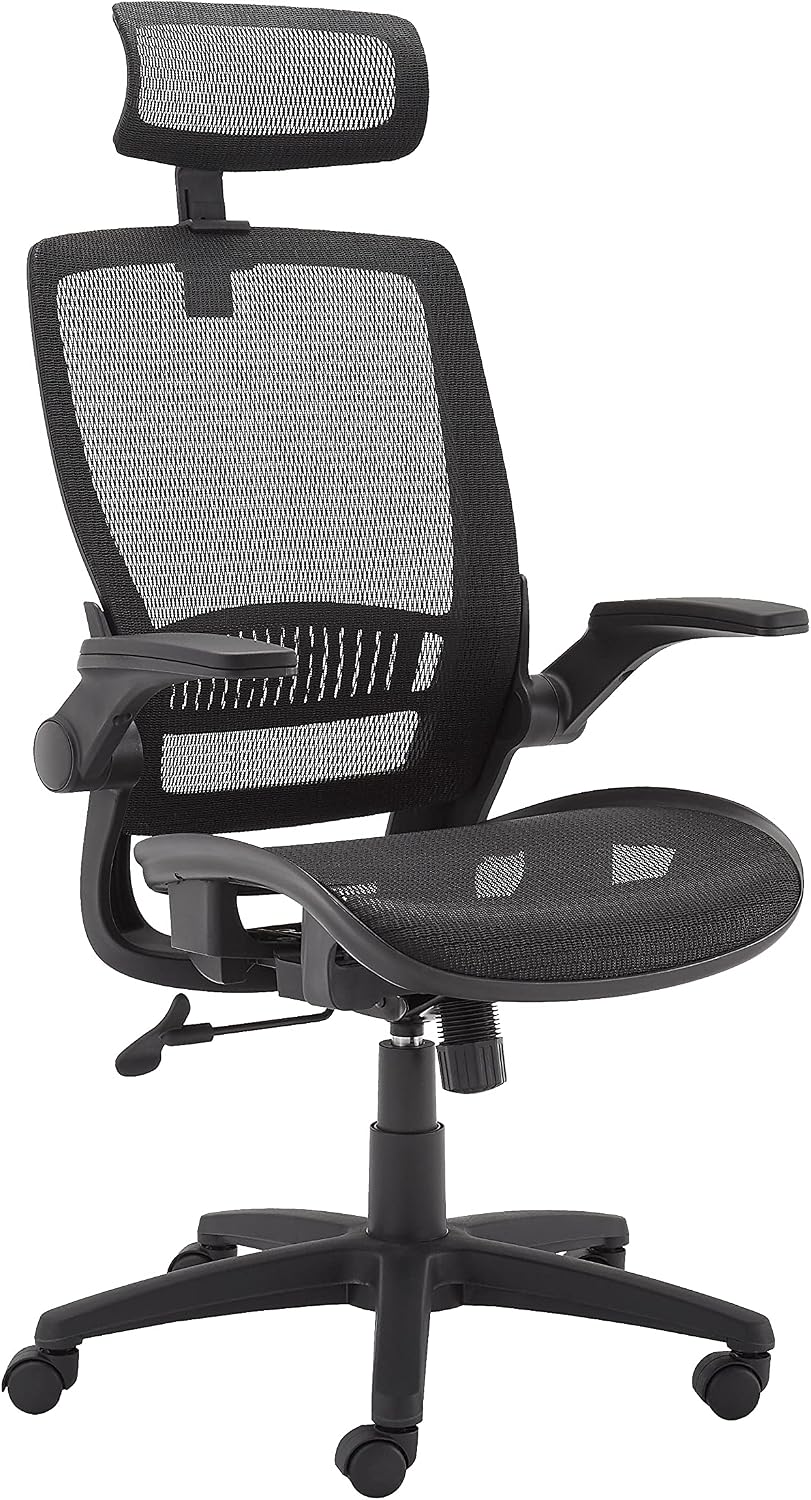 Amazon Basics Ergonomic High-Back Office Chair, Breathable Mesh, 360° Swivel, Easy to Assemble, Comfortable Flip-Up Armrests, 25.5'D x 26.25'W x 49.25'H, Black