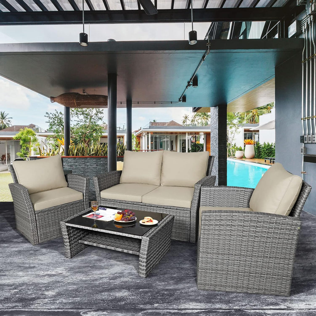 COSTWAY 4 Pieces Patio Rattan Furniture Set, Outdoor Wicker Sofa Set with Tempered Glass Coffee Table, Cushions, All Weather Rattan Conversation Set for Yard Balcony Backyard Pool (Khaki)