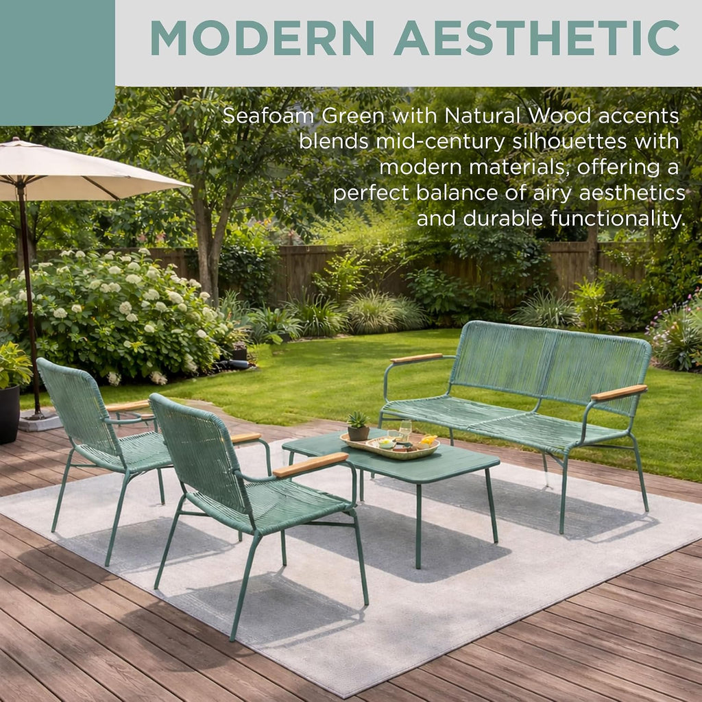 Alpine Corporation VTFAM170A 4-Piece Outdoor Rope Woven Patio Conversation Set – Sofa Bench, 2 Armchairs & Coffee Table – Modern Metal Frame with Wood Armrests – Indoor/Outdoor Seating Set