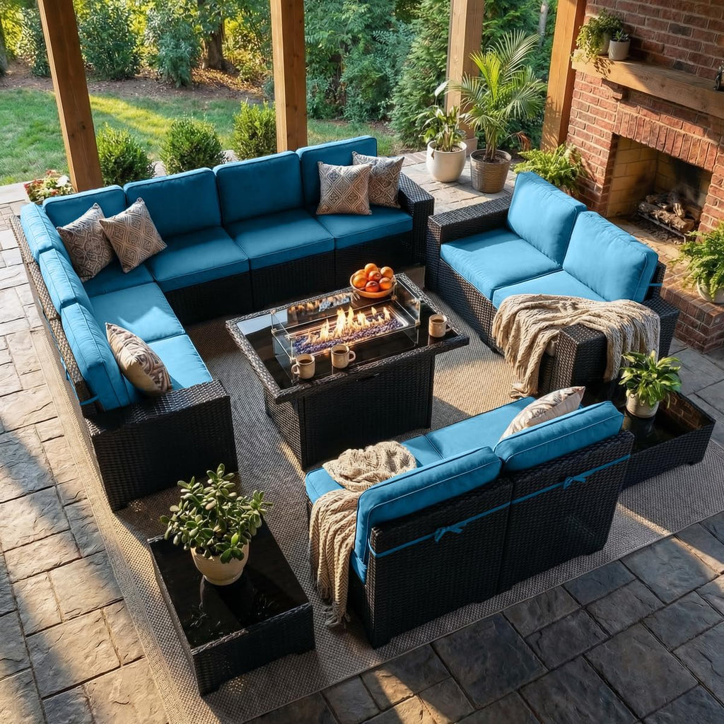 LayinSun 13 Pieces Outdoor Patio Furniture Set with 44' Fire Pit Table Rattan Sectional Sofa Conversation Sets