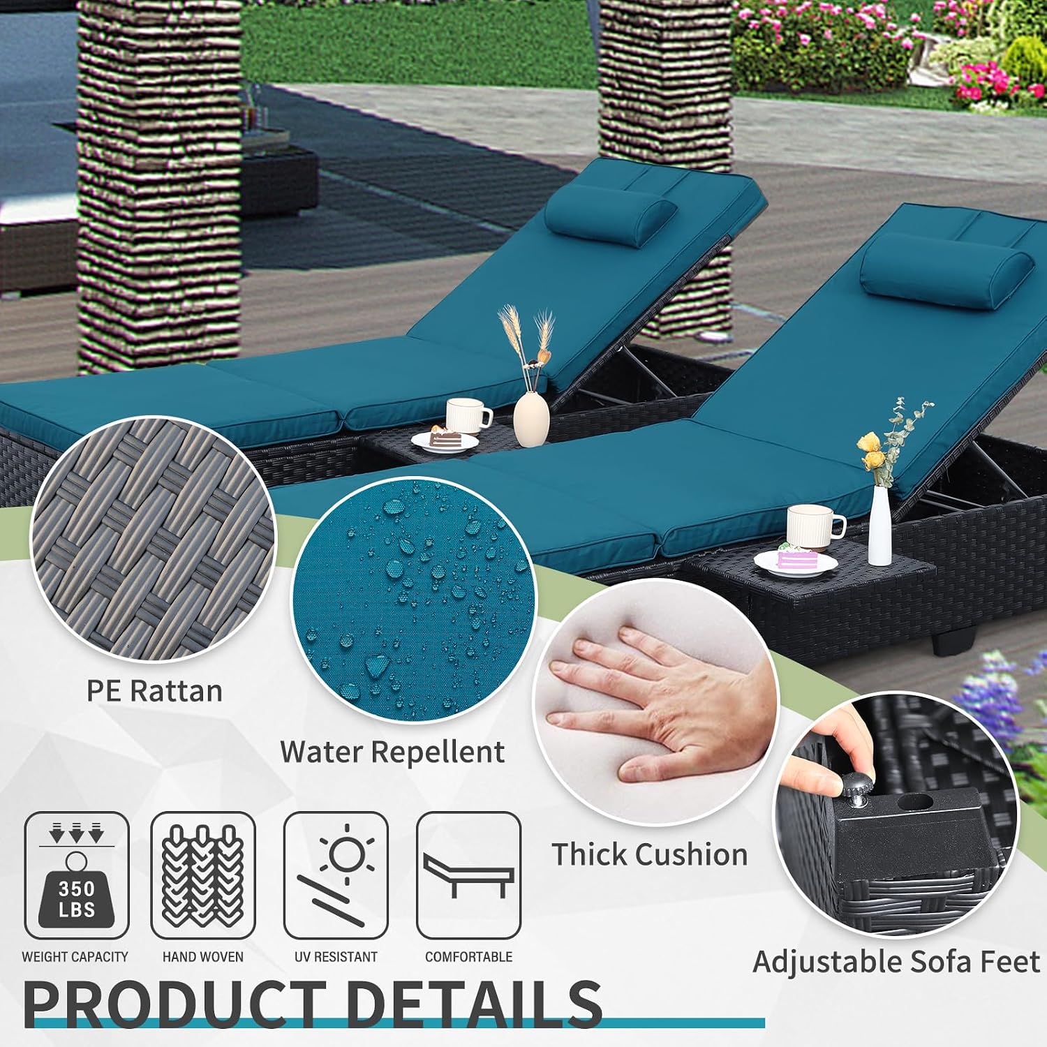 WAROOM Outdoor Chaise Lounge Chairs for Outside Patio Furniture Set of 2 Wicker Recliner Black Rattan Sunbathing Lounger Adjustable Backrest Pool Reclining Chair, Peacock Blue Cushion