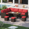 U-MAX 7 Pieces Patio Furniture Set, Outdoor Sectional Sofa Conversation Set, All Weather Wicker Rattan Dining Table & Chair with Ottoman, Brown Rattan&Red Cushion