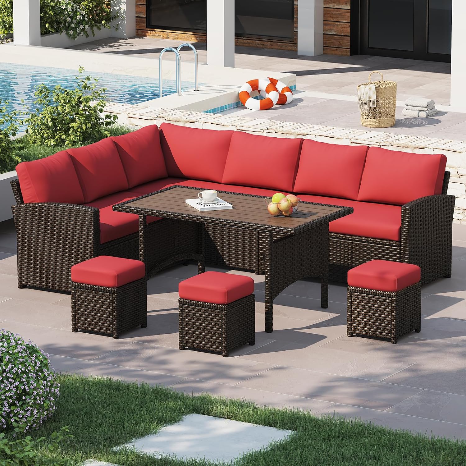 U-MAX 7 Pieces Patio Furniture Set, Outdoor Sectional Sofa Conversation Set, All Weather Wicker Rattan Dining Table & Chair with Ottoman, Brown Rattan&Red Cushion