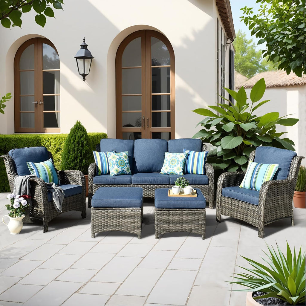 ovios 5-Pieces Patio Furniture Set, Outdoor Wicker Sofa Couch with Chairs Ottomans Comfy Cushions, High Back Modern All Weather Conversation Set, Grey Rattan, Denim Blue