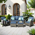 ovios 5-Pieces Patio Furniture Set, Outdoor Wicker Sofa Couch with Chairs Ottomans Comfy Cushions, High Back Modern All Weather Conversation Set, Grey Rattan, Denim Blue
