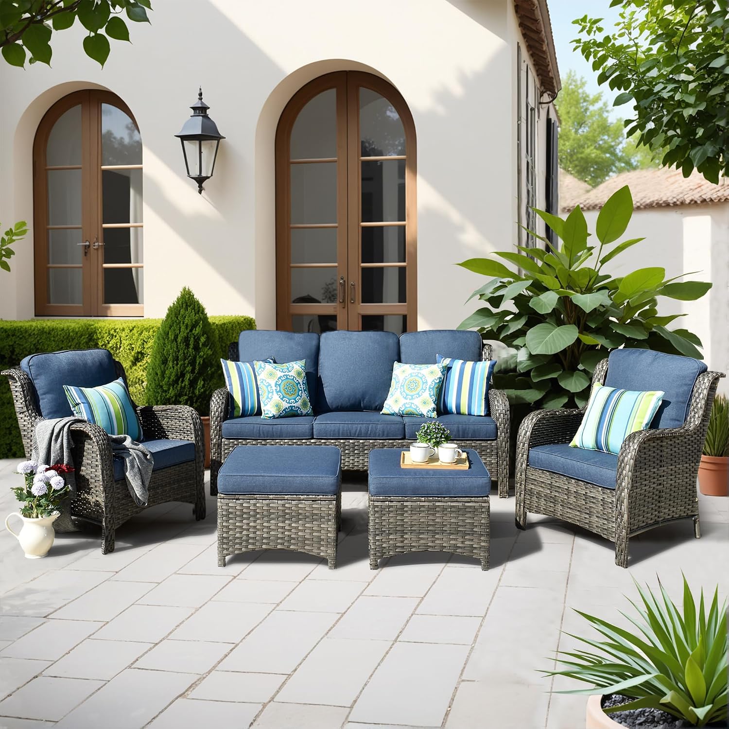 ovios 5-Pieces Patio Furniture Set, Outdoor Wicker Sofa Couch with Chairs Ottomans Comfy Cushions, High Back Modern All Weather Conversation Set, Grey Rattan, Denim Blue