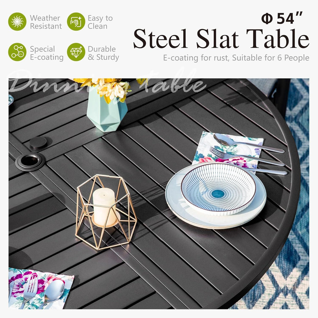 Sophia & William Round Patio Table and Chairs Set, Outdoor Dining Set for 6, 7 Piece Metal Patio Furniture, 54' Black Table(Stripe)