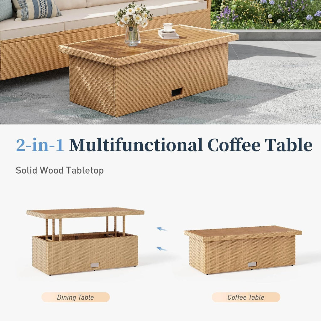 SUNSHINE VALLEY Patio Furniture Set, 6 Piece Wicker Outdoor Patio Conversation Set, Outside L-Shaped Sectional Sofa Couch with Chaise Lounge and 2 Ottomans, 1 Height Adjustable Table for Lawn