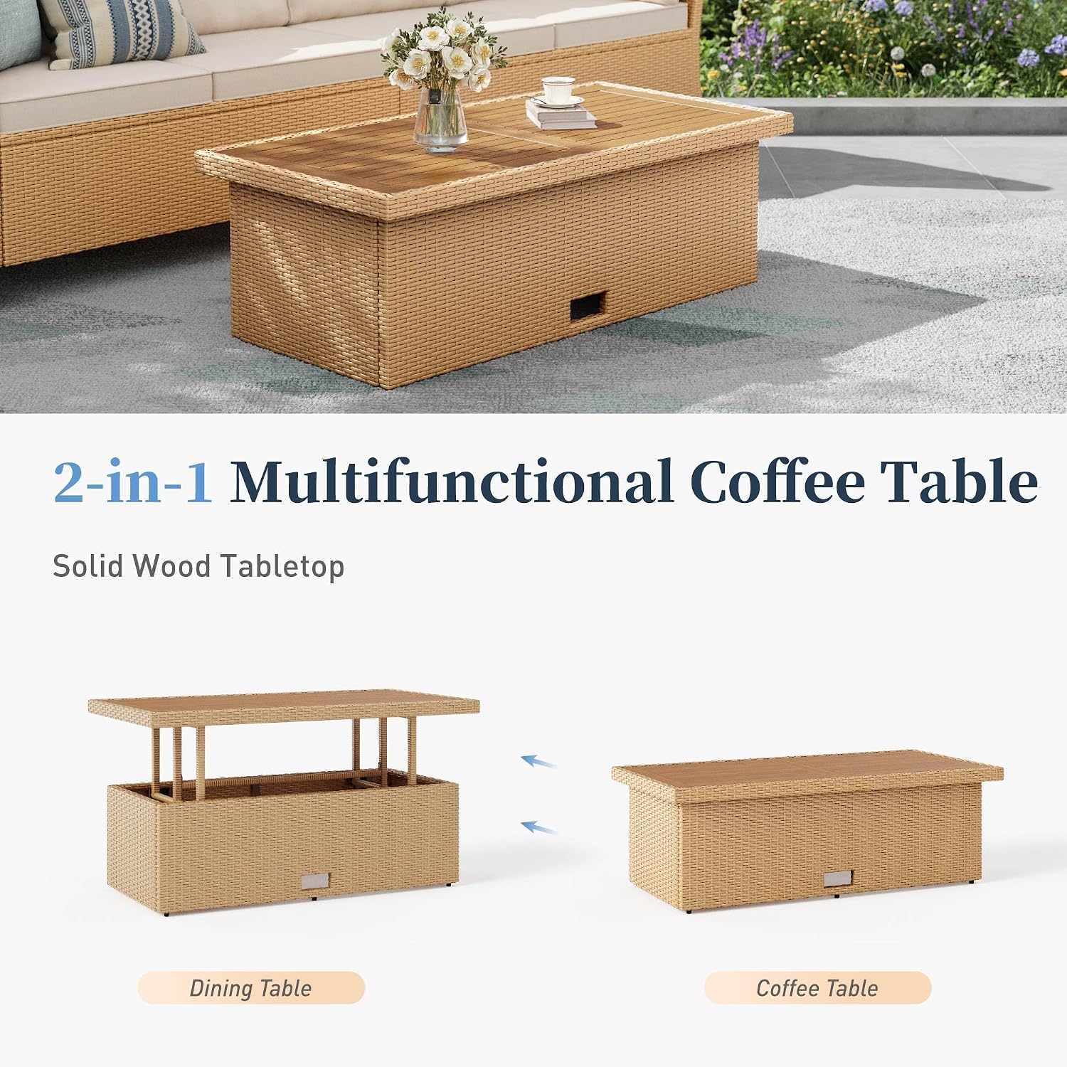 SUNSHINE VALLEY Patio Furniture Set, 6 Piece Wicker Outdoor Patio Conversation Set, Outside L-Shaped Sectional Sofa Couch with Chaise Lounge and 2 Ottomans, 1 Height Adjustable Table for Lawn