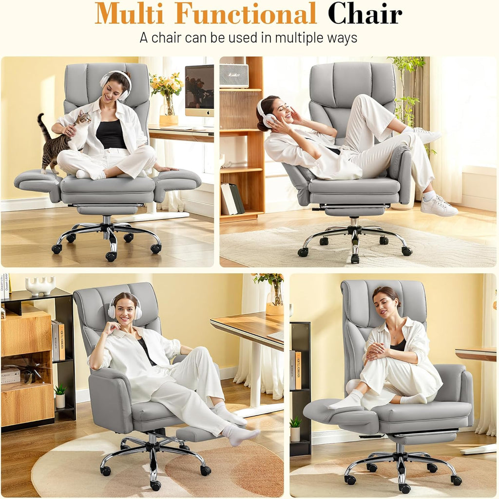 FelixKing Big and Tall Office Chair, 400LBS Wide Leather Executive Chair, Reversible Armrest for Pets Criss Cross Legged, 135° Reclining High Back Gaming Desk Chair with Lumbar Support Footrest, Gray