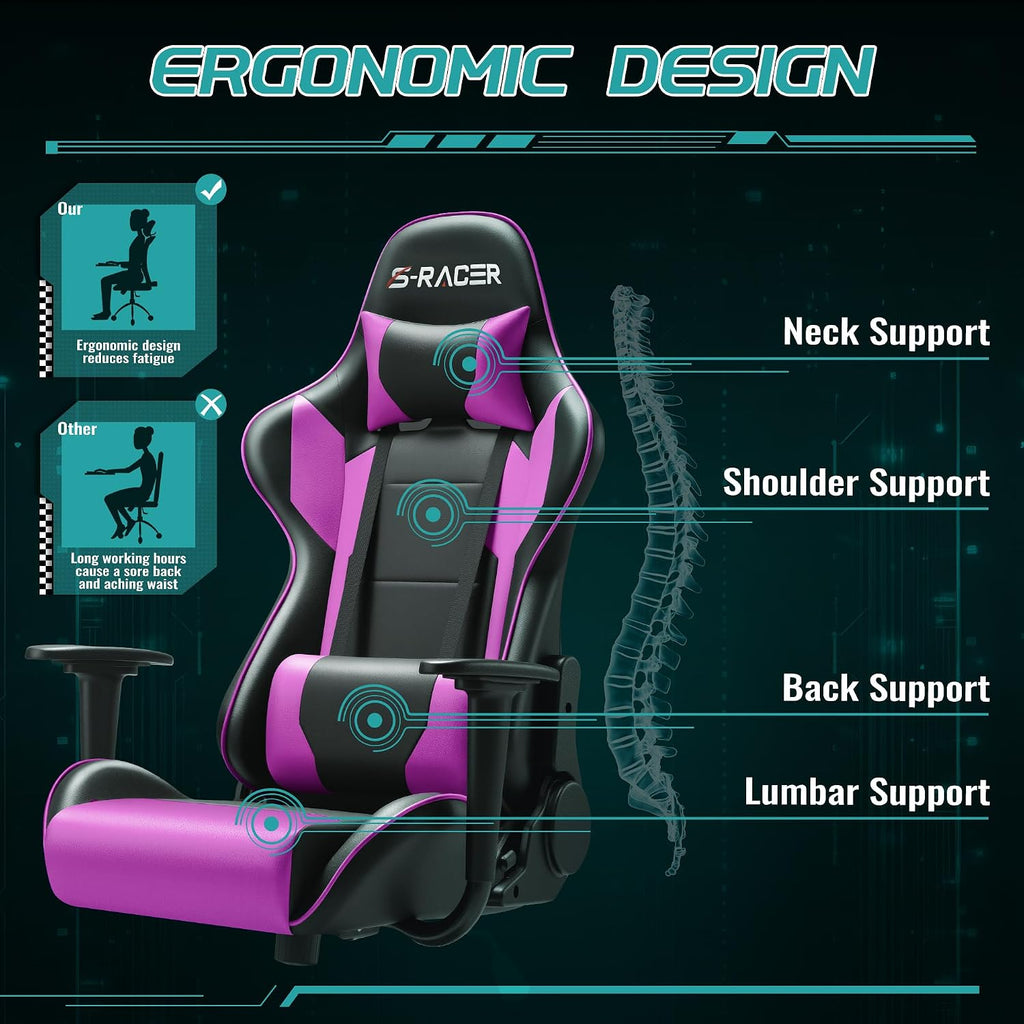 Furniwell Gaming Chair Racing Computer Chair PC Office Desk Chair Adjustable Swivel High Back Carbon Fiber Style PU Leather Executive Ergonomic Chair with Headrest and Lumbar Support (Violet)