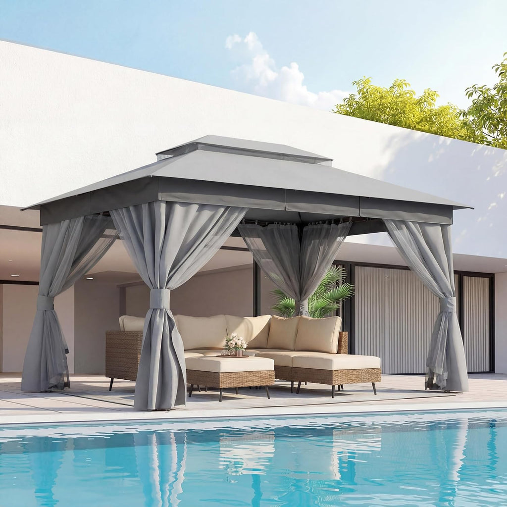LAUSAINT HOME Gazebo 10x13ft, Heavy Duty Patio Gazebo with Expansion Bolts, Party Canopy Tent with Double Roofs, Mosquito Nettings and Privacy Screens for Backyard, Garden, Lawn, Grey