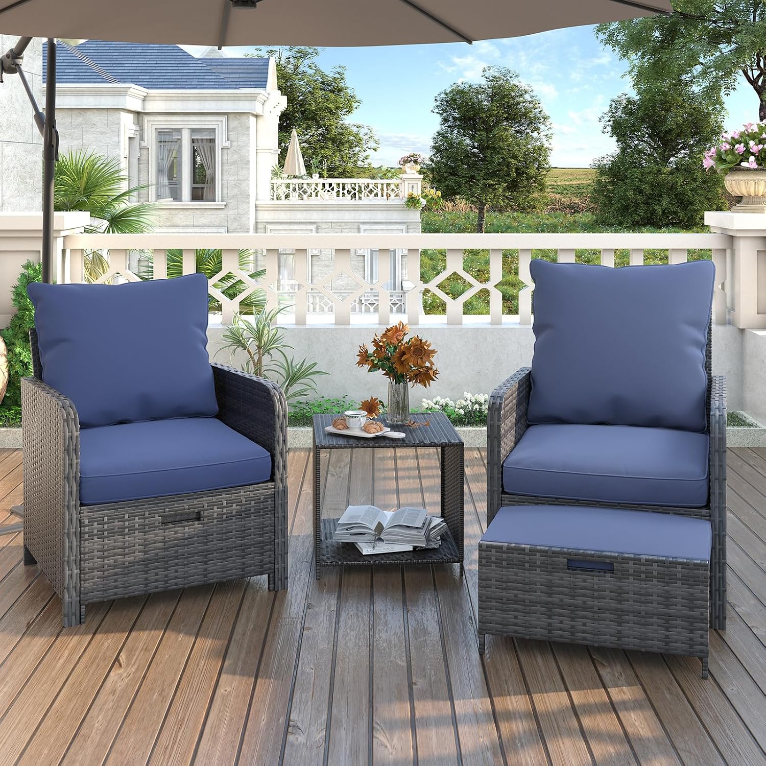 UDPATIO Wicker Patio Chairs with Ottoman Balcony Furniture 5 Pieces Patio Conversation Set for Small Space