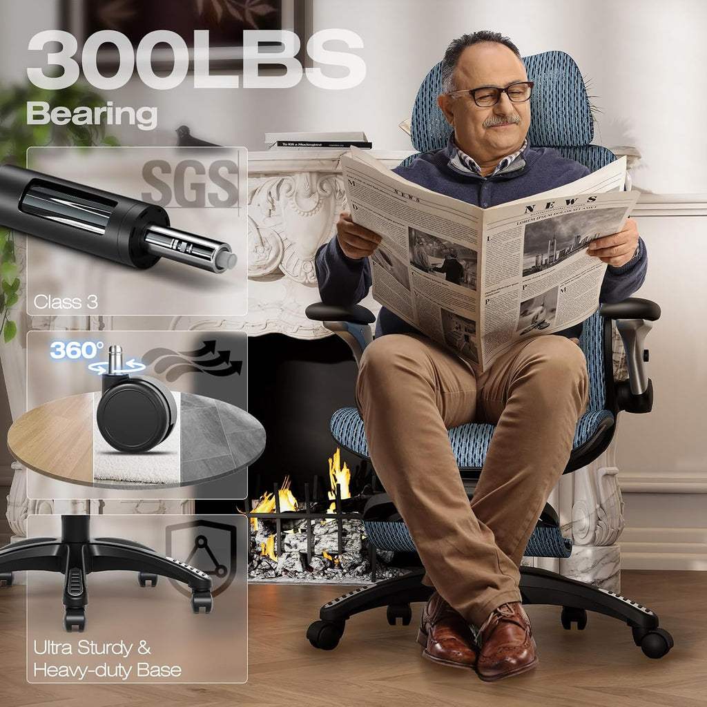 ELABEST X100 Ergonomic Office Chair with Footrest, Big and Tall Home Desk Chair with 5D Flip-Up Arms, Adjustable 3D Lumbar Support,High Back Rolling Computer Chair, Swivel Mesh Chairs (Oaxaca Blue)