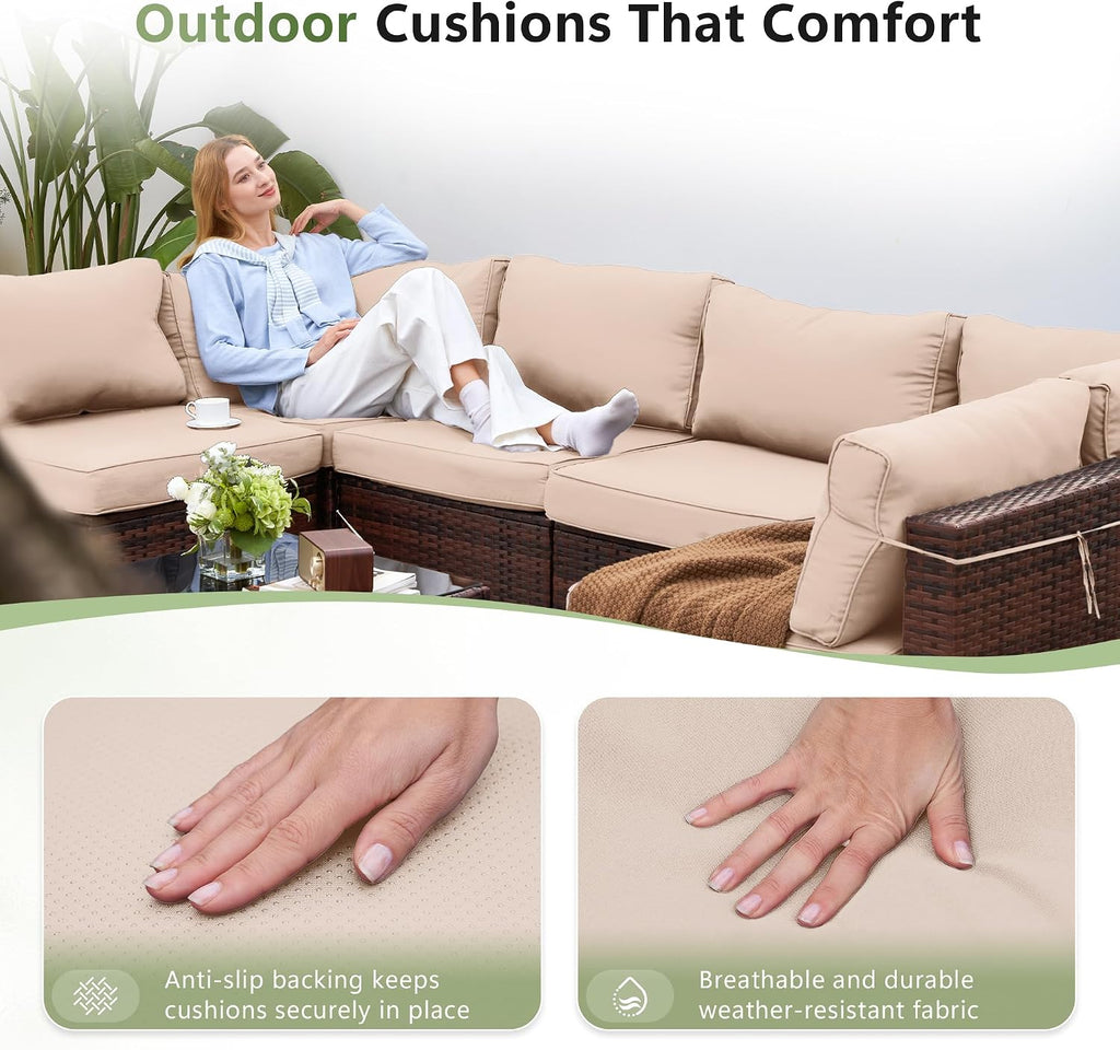 Amopatio Outdoor Patio Furniture Set 7 Pieces Patio Conversation Set Sectional Couch Sofa with All-Weather Cover, Glass Table & Thicken Cushion Fits Garden Yard Porch