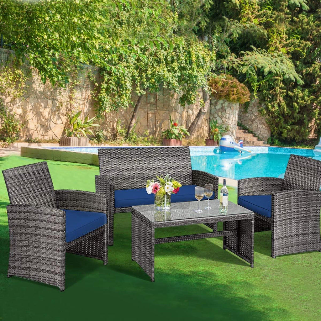 Giantex 4 Pc Patio Conversation Set, Rattan Loveseat & Patio Chairs with Cushioned Seat, Wicker Coffee Table, Outdoor Furniture Set for Front Porch Poolside Garden Lawn
